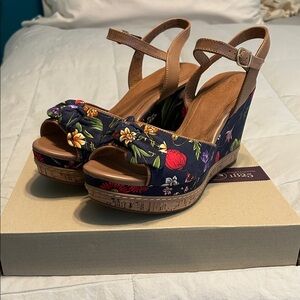 Clarks Navy Floral Wedge Sandals with Tan Ankle Strap